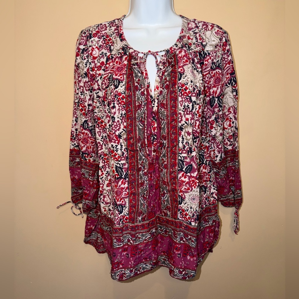 Lucky Brand Loose Fit Tunic Boho 3/4 Sleeve Top